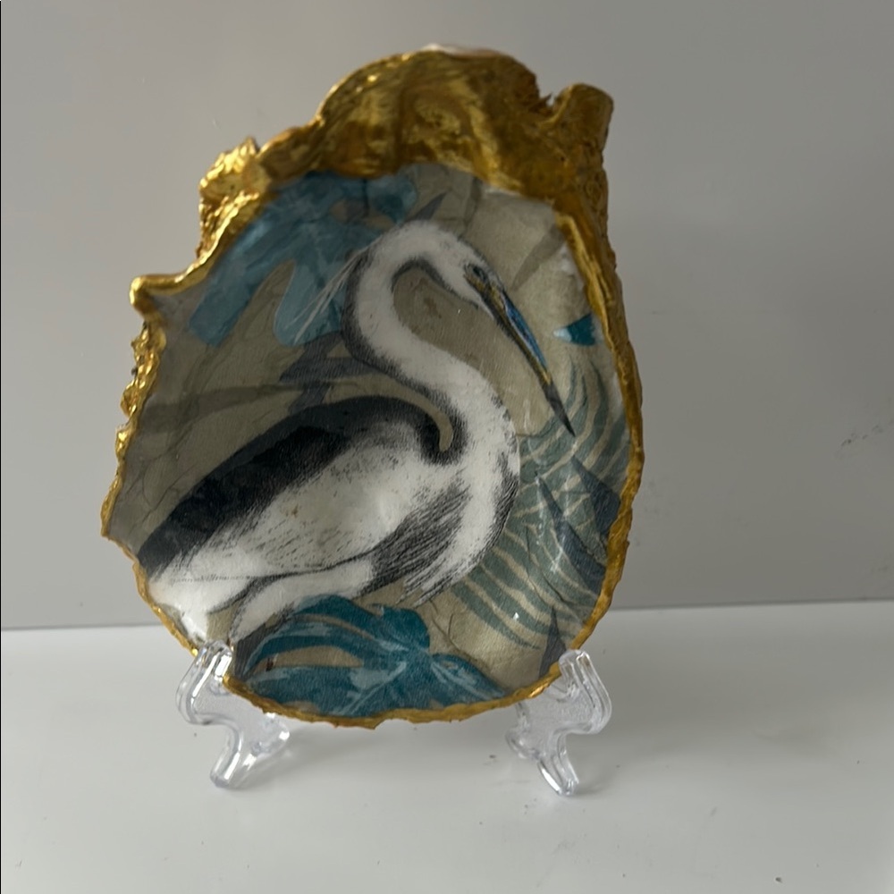 Oyster Shell Gold and Blue Heron Art Piece with Acrylic Stand or use as a dish
